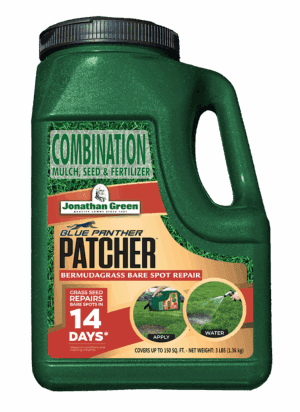 A green jug container of Blue Panther® Patcher Southern Lawn Bare Spot Repair, a 3 lb mix of mulch, seed, and fertilizer for fixing Bermudagrass bare spots.