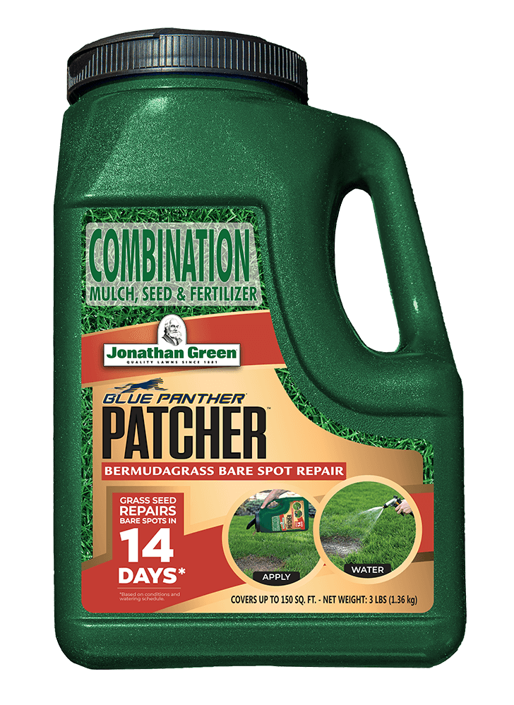 A green jug container of Blue Panther® Patcher Southern Lawn Bare Spot Repair, a 3 lb mix of mulch, seed, and fertilizer for fixing Bermudagrass bare spots.
