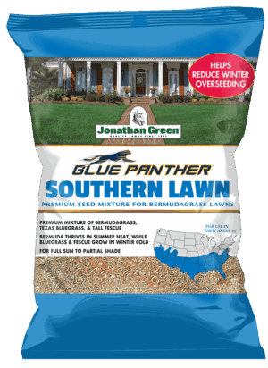 Bag of Blue Panther® Southern Lawn Grass Seed with house image, regional map, and text highlighting its suitability for bermudagrass lawns in warm southern regions.