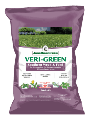 A bag of Veri-Green Southern Weed & Feed, designed for select grass types, offers effective weed control and provides long-lasting lawn feeding.
