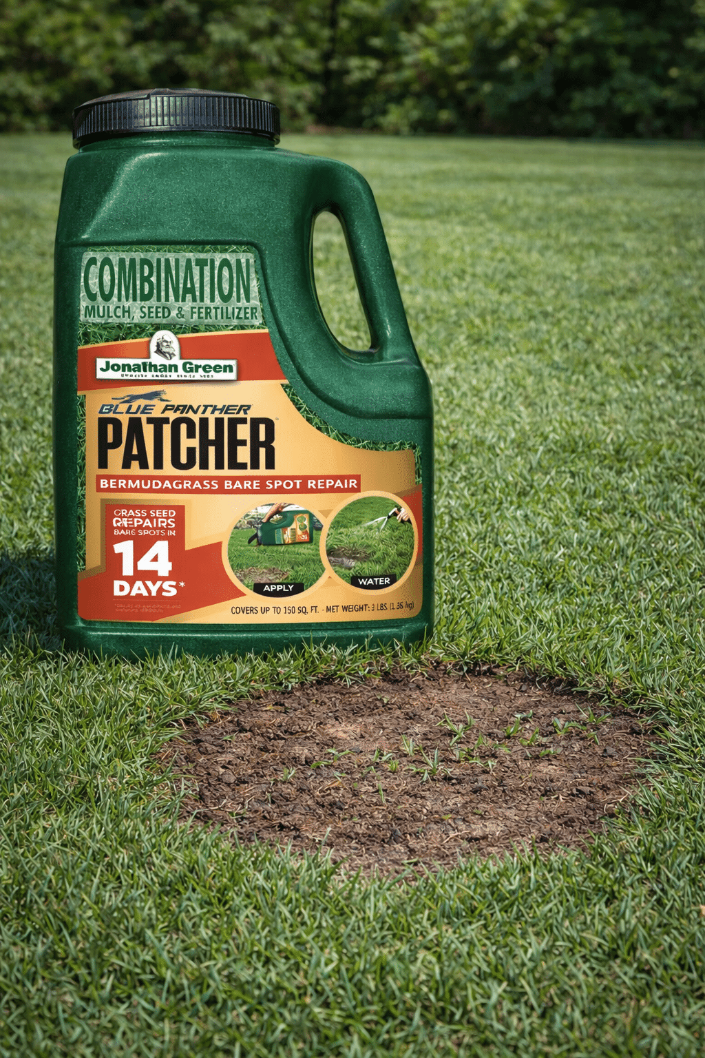 A container of Blue Panther® Patcher Southern Lawn Bare Spot Repair sits on a lawn beside a bare grass patch.
