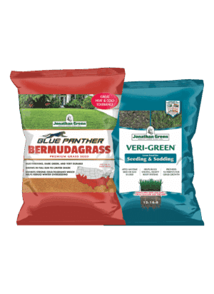 Two bags of Jonathan Green grass seed: "Bermudagrass Seed & Fertilizer Bundle" for Southern lawns and "Veri-Green Seeding & Sodding." Both display product details and vibrant images of lush grass.