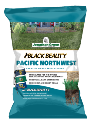 A bag of Black Beauty® Pacific Northwest Grass Seed against a transparent background.