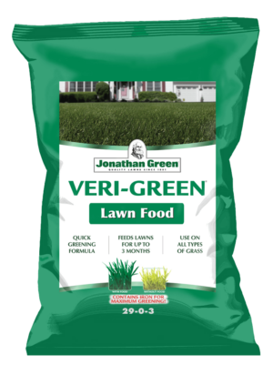 A bag of Veri-Green Nitrogen Rich Lawn Fertilizer designed to feed lawns with a nitrogen-rich, quick greening formula.