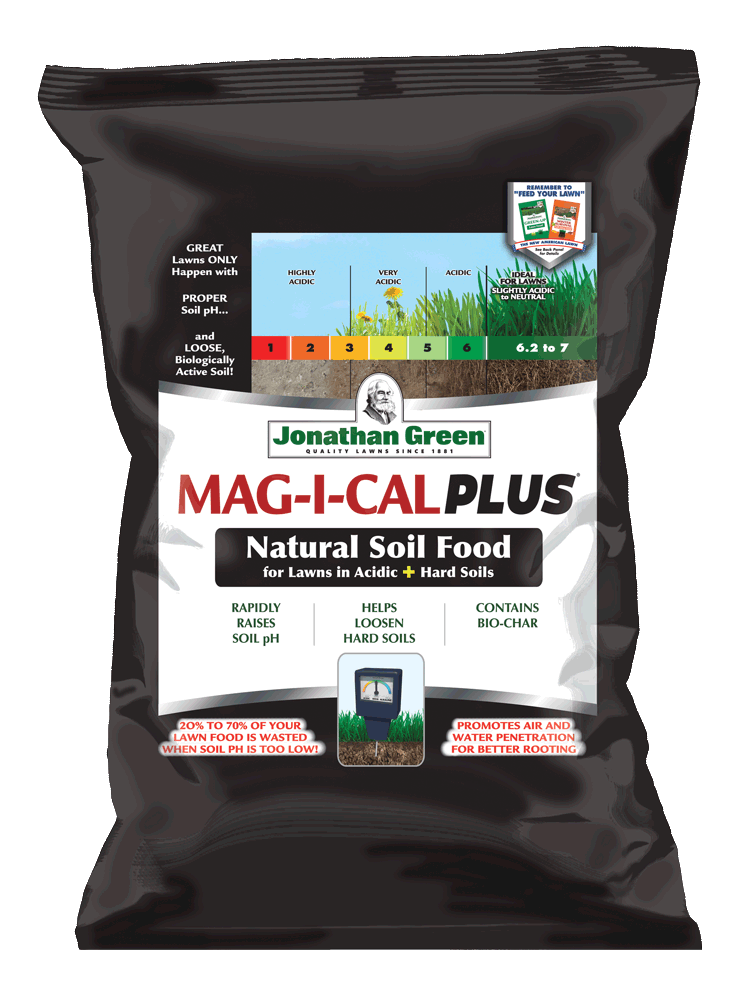 A bag of Mag-I-Cal® for Lawns in Acidic Soil, natural soil food for lawns in acidic and hard soils.