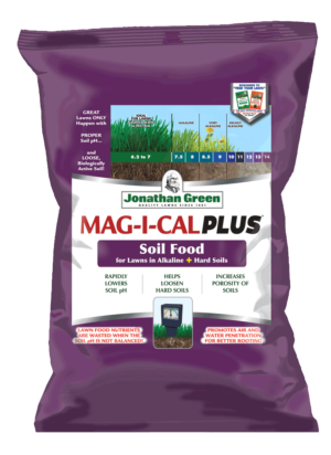 A bag of Jonathan Green Mag-I-Cal® Plus for Lawns in Alkaline & Hard Soil.